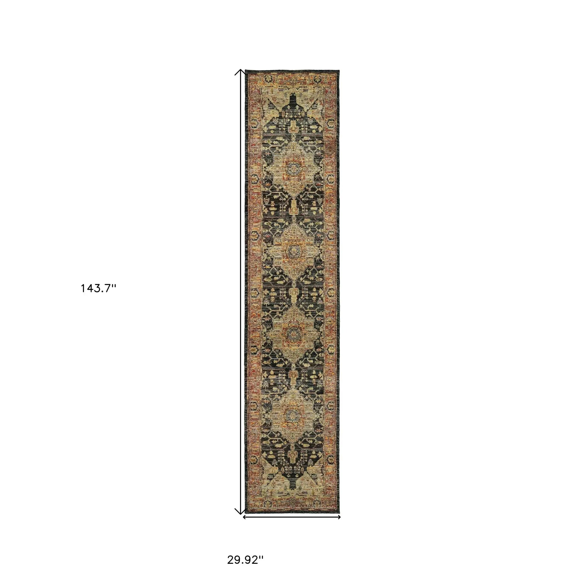 12' Runner Gold and Black Oriental Power Loom Runner Rug - Homeroots - Flyclothing LLC