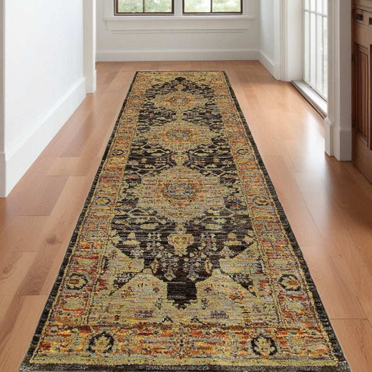 12' Runner Gold and Black Oriental Power Loom Runner Rug - Homeroots - Flyclothing LLC