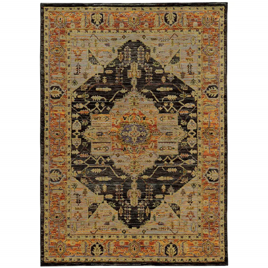 9' X 12' Black and Gold Oriental Power Loom Area Rug - Homeroots - Flyclothing LLC
