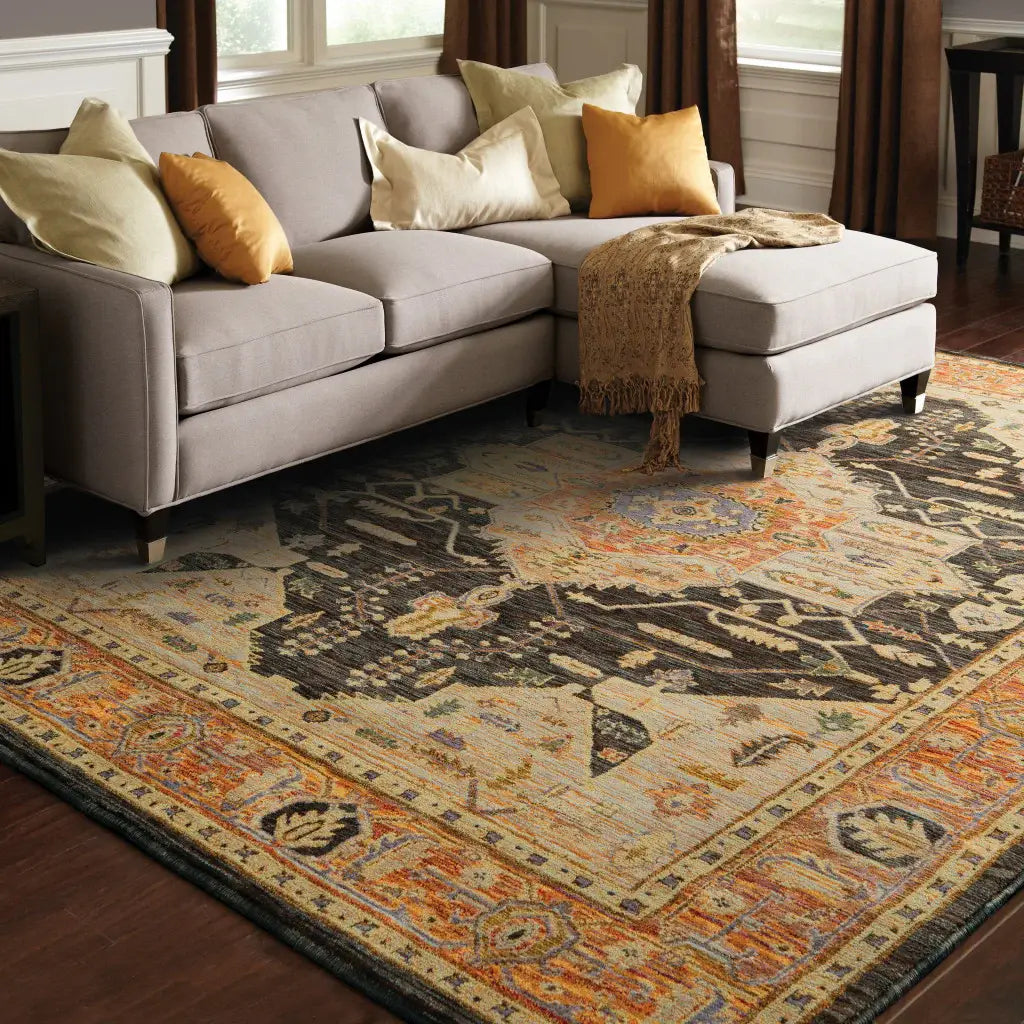 9' X 12' Black and Gold Oriental Power Loom Area Rug - Homeroots - Flyclothing LLC