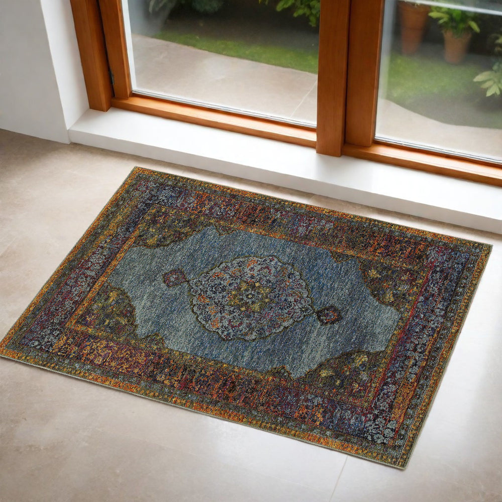 2' X 3' Blue and Beige Oriental Power Loom Area Rug - Homeroots
