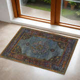 2' X 3' Blue and Beige Oriental Power Loom Area Rug - Homeroots