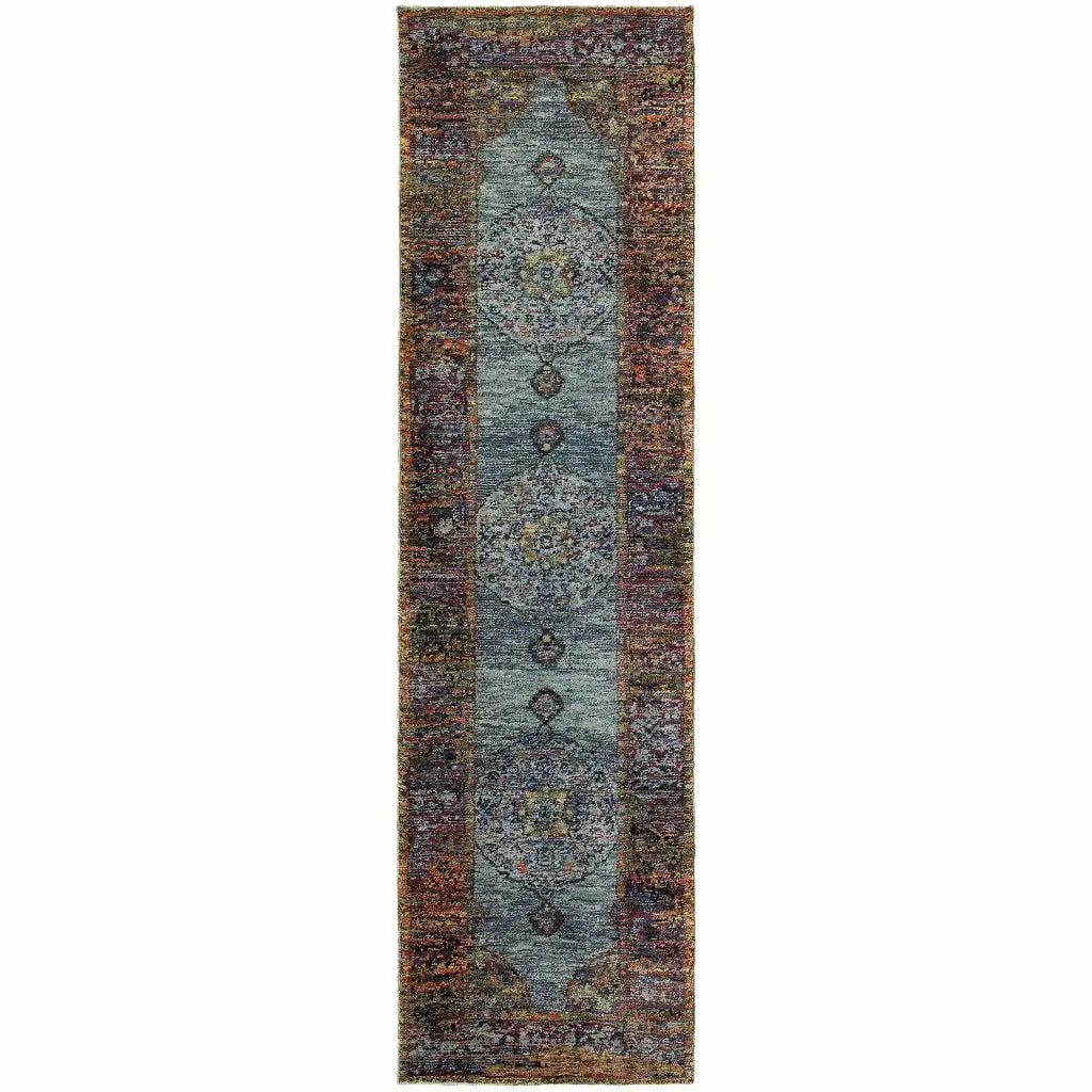 8' Runner Blue and Beige Oriental Power Loom Runner Rug - Homeroots - Flyclothing LLC
