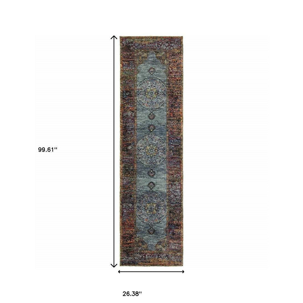 8' Runner Blue and Beige Oriental Power Loom Runner Rug - Homeroots - Flyclothing LLC