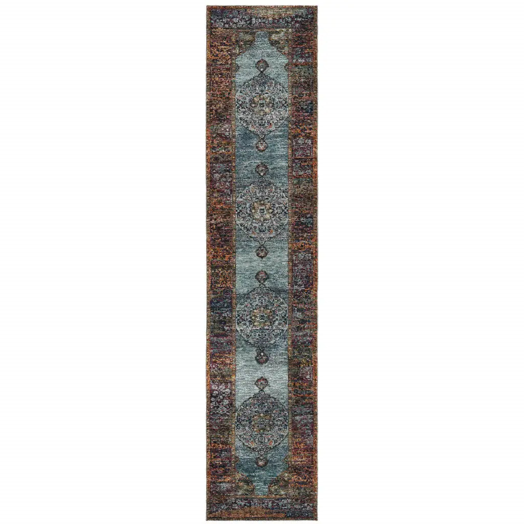 12' Runner Blue and Red Oriental Power Loom Runner Rug - Homeroots - Flyclothing LLC