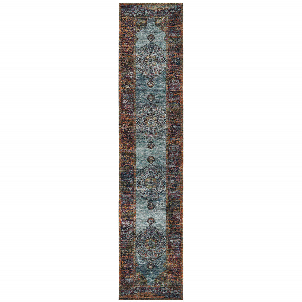 12' Runner Blue and Red Oriental Power Loom Runner Rug - Homeroots