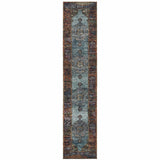 12' Runner Blue and Red Oriental Power Loom Runner Rug - Homeroots