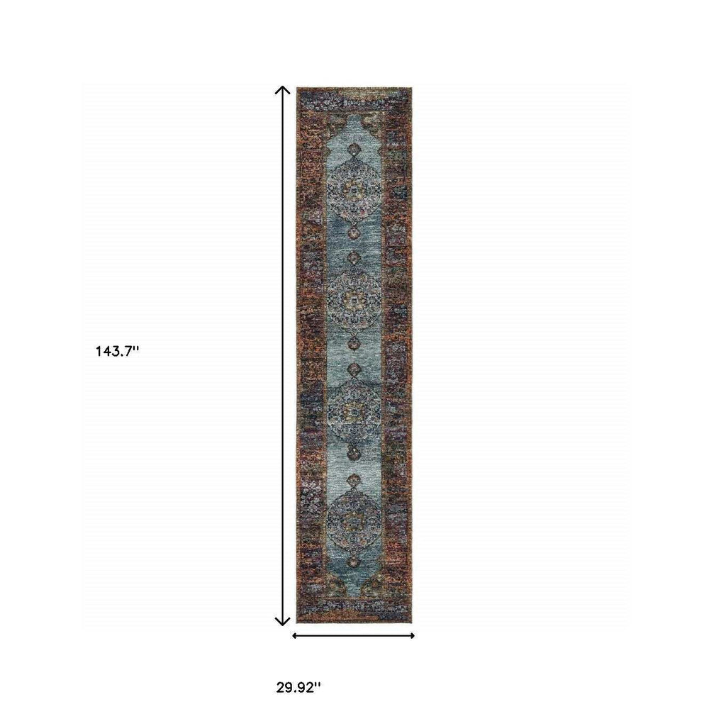 12' Runner Blue and Red Oriental Power Loom Runner Rug - Homeroots - Flyclothing LLC