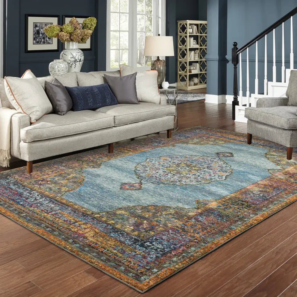 8' X 11' Blue and Beige Oriental Power Loom Area Rug - Homeroots - Flyclothing LLC