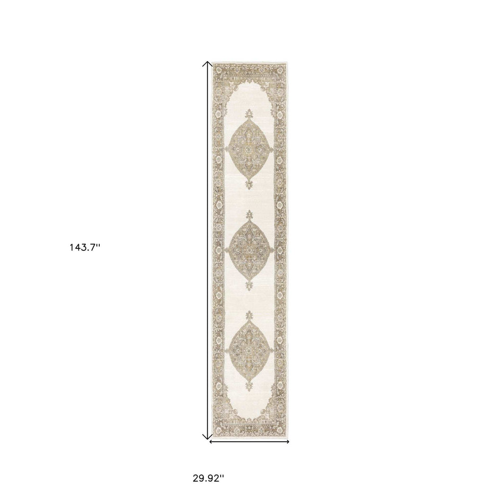 12' Runner Beige and Ivory Oriental Power Loom Runner Rug - Homeroots - Flyclothing LLC