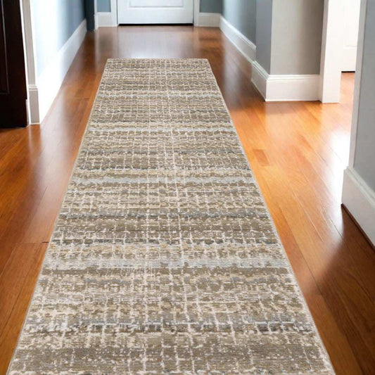 12' Runner Ivory Grey Tan and Brown Abstract Power Loom Runner Rug - Homeroots - Flyclothing LLC