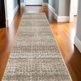 12' Runner Ivory Grey Tan and Brown Abstract Power Loom Runner Rug