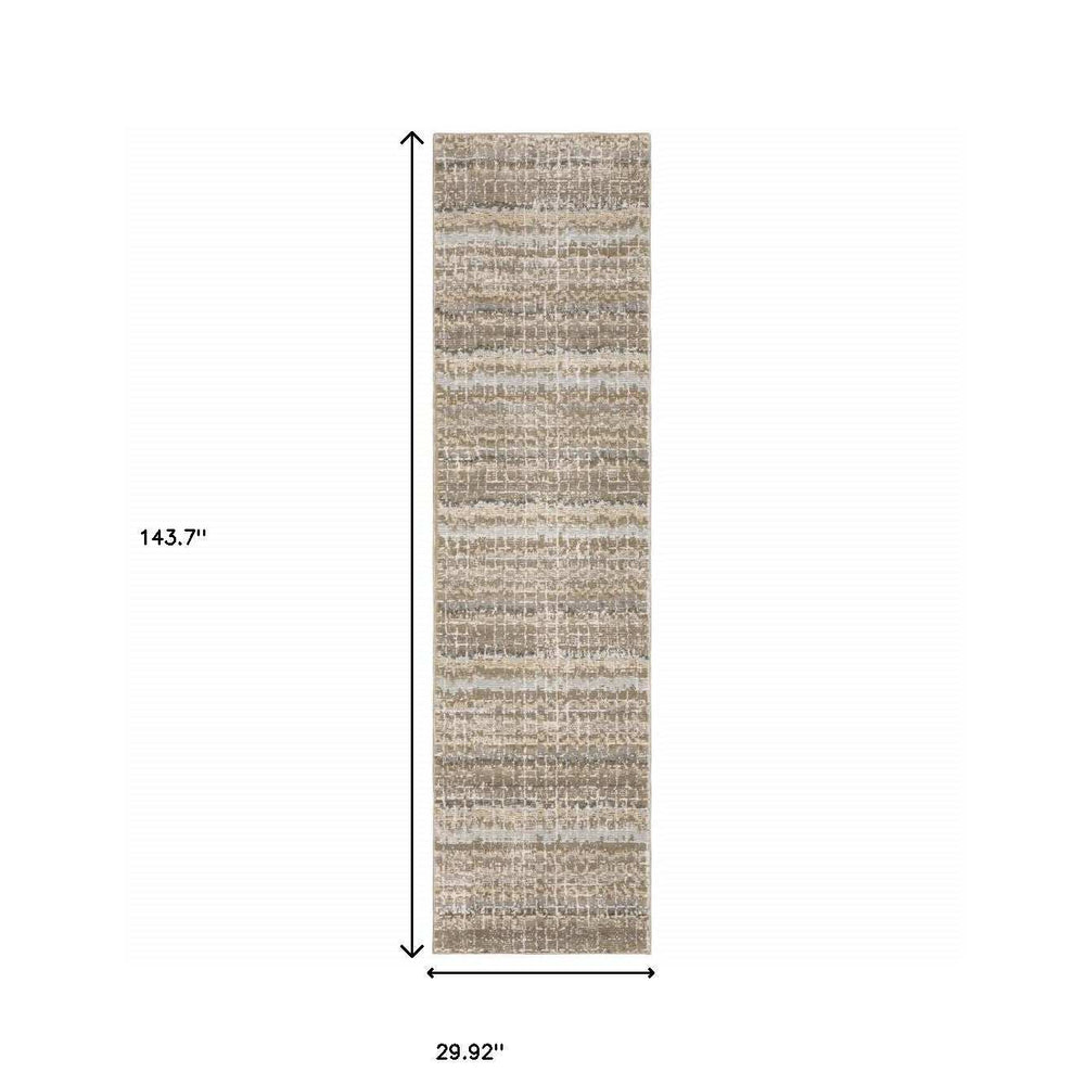 12' Runner Ivory Grey Tan and Brown Abstract Power Loom Runner Rug - Homeroots - Flyclothing LLC