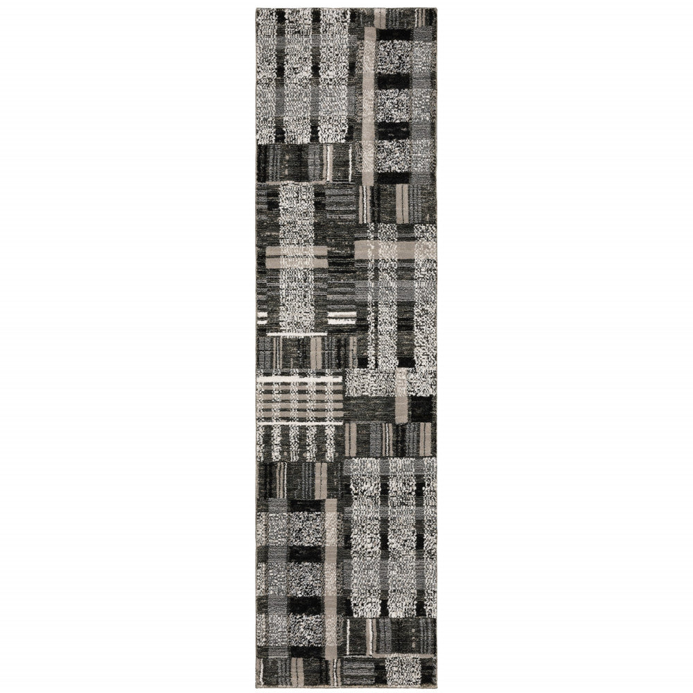 12' Runner Black Grey and Ivory Geometric Power Loom Runner Rug - Homeroots