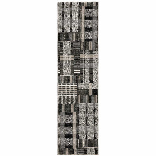 12' Runner Black Grey and Ivory Geometric Power Loom Runner Rug - Homeroots - Flyclothing LLC