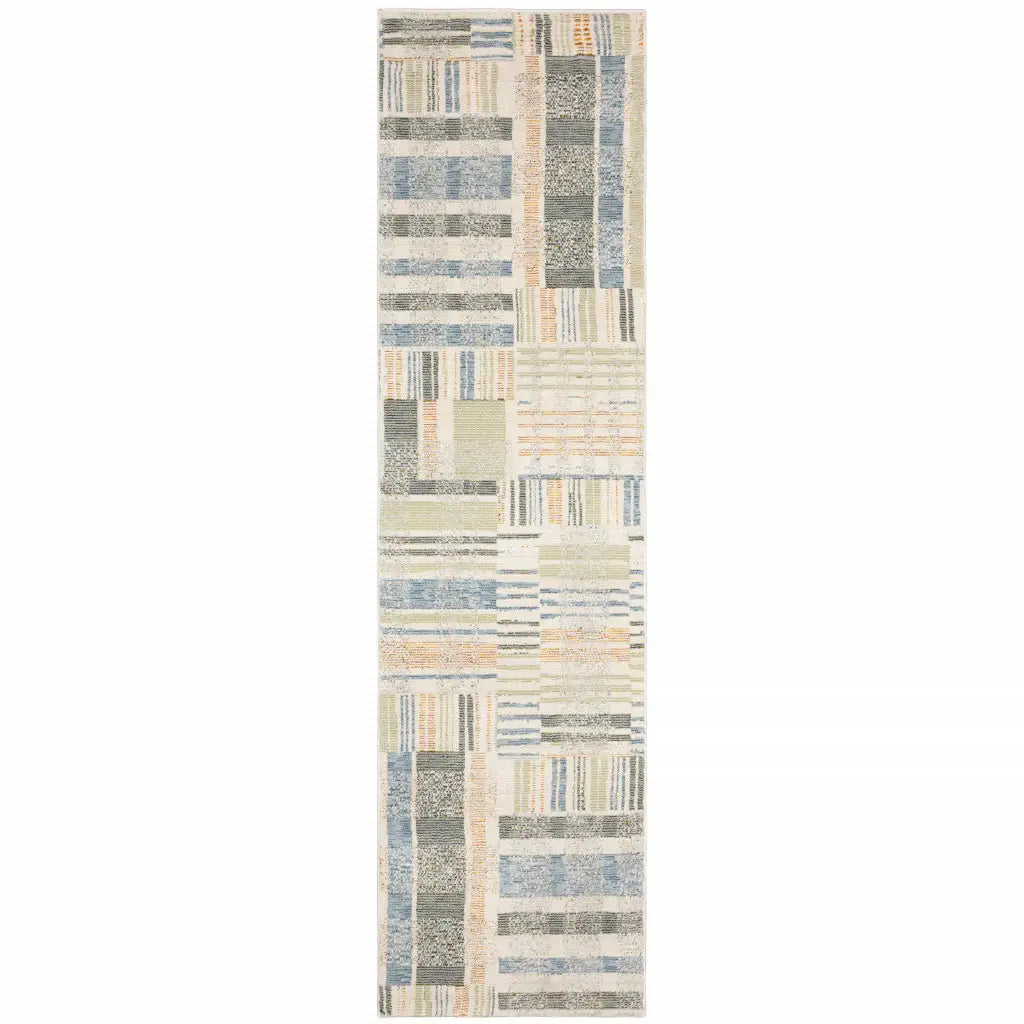 12' Runner Green Grey and Ivory Geometric Power Loom Runner Rug - Homeroots - Flyclothing LLC