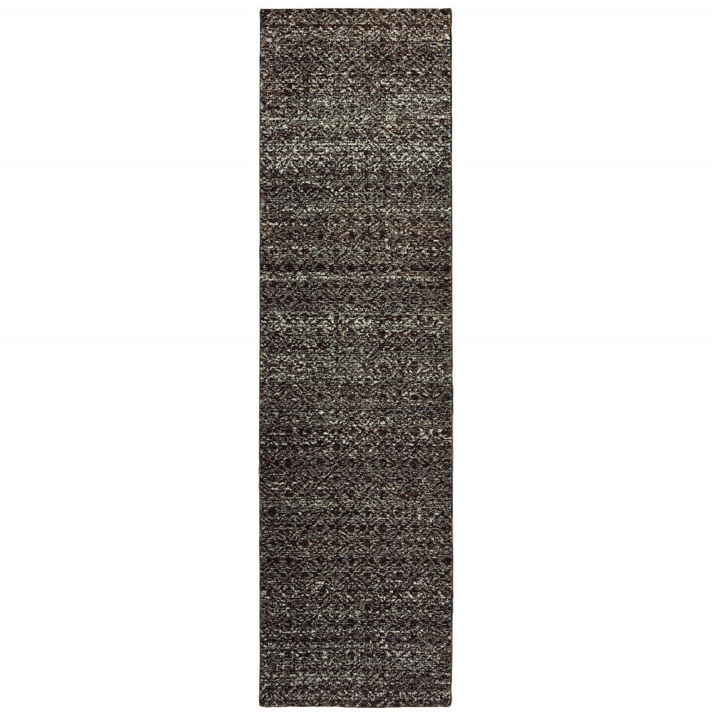 12' Runner Charcoal Grey and Brown Geometric Power Loom Runner Rug
