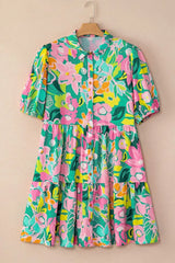 Button Down Floral Puff Sleeve Babydoll Dress - Trendsi - Flyclothing LLC
