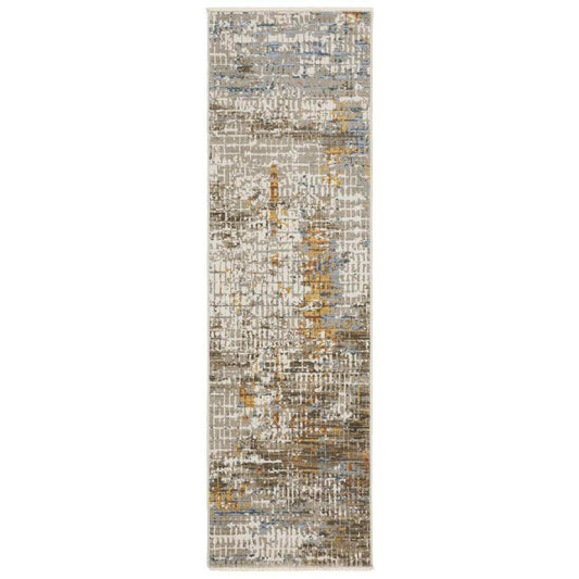 8' Beige Grey Brown Gold Red And Blue Abstract Power Loom Runner Rug With Fringe - Homeroots - Flyclothing LLC