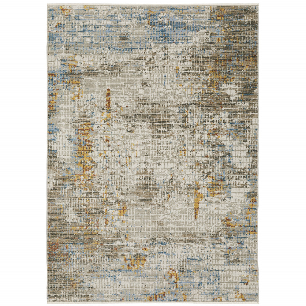 8' X 11' Beige Grey Brown Gold Red And Blue Abstract Power Loom Stain Resistant Area Rug With Fringe - Homeroots