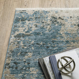 2' X 8' Blue Grey Ivory Light Blue And Dark Blue Abstract Power Loom Stain Resistant Runner Rug With Fringe - Homeroots