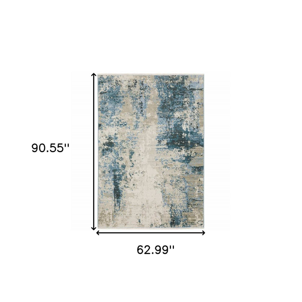 5' X 8' Blue Grey Ivory Light Blue And Dark Blue Abstract Power Loom Stain Resistant Area Rug With Fringe - Homeroots - Flyclothing LLC