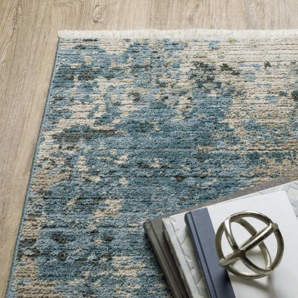 8' X 11' Blue Grey Ivory Light Blue And Dark Blue Abstract Power Loom Stain Resistant Area Rug With Fringe - Homeroots - Flyclothing LLC