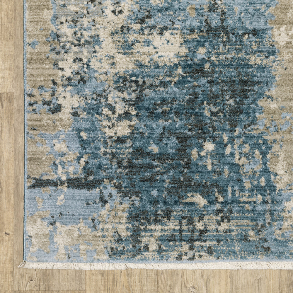 10' X 13' Blue Grey Ivory Light Blue And Dark Blue Abstract Power Loom Stain Resistant Area Rug With Fringe - Homeroots