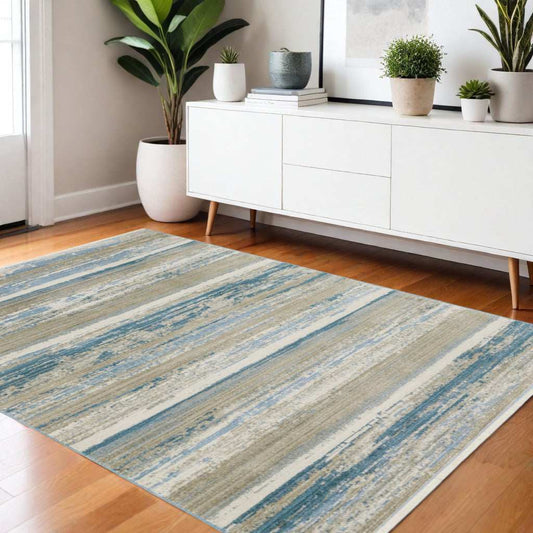 4' X 6' Ivory Beige Grey Blue And Tan Abstract Power Loom Stain Resistant Area Rug With Fringe - Homeroots - Flyclothing LLC