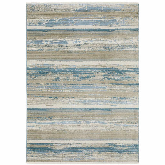 8' X 11' Ivory Beige Grey Blue And Tan Abstract Power Loom Stain Resistant Area Rug With Fringe - Homeroots - Flyclothing LLC