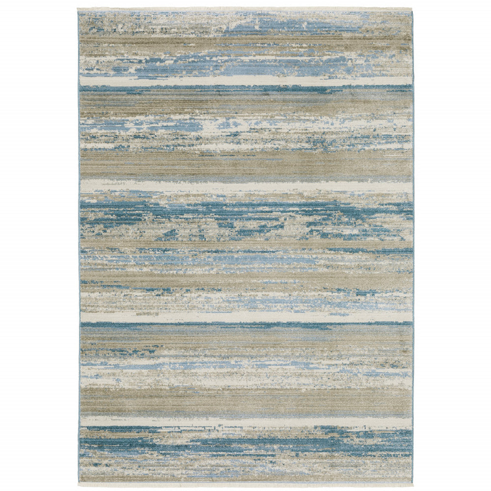 10' X 13' Ivory Beige Grey Blue And Tan Abstract Power Loom Stain Resistant Area Rug With Fringe - Homeroots