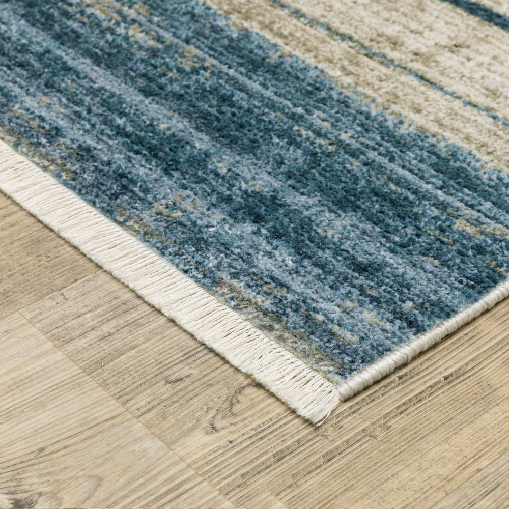 4' X 6' Blue Dark Blue Teal Grey Ivory Beige And Tan Geometric Power Loom Stain Resistant Area Rug With Fringe - Homeroots - Flyclothing LLC