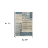 5' X 8' Blue Dark Blue Teal Grey Ivory Beige And Tan Geometric Power Loom Stain Resistant Area Rug With Fringe - Homeroots - Flyclothing LLC