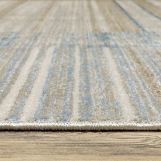 8' X 11' Blue Dark Blue Teal Grey Ivory Beige And Tan Geometric Power Loom Stain Resistant Area Rug With Fringe - Homeroots - Flyclothing LLC
