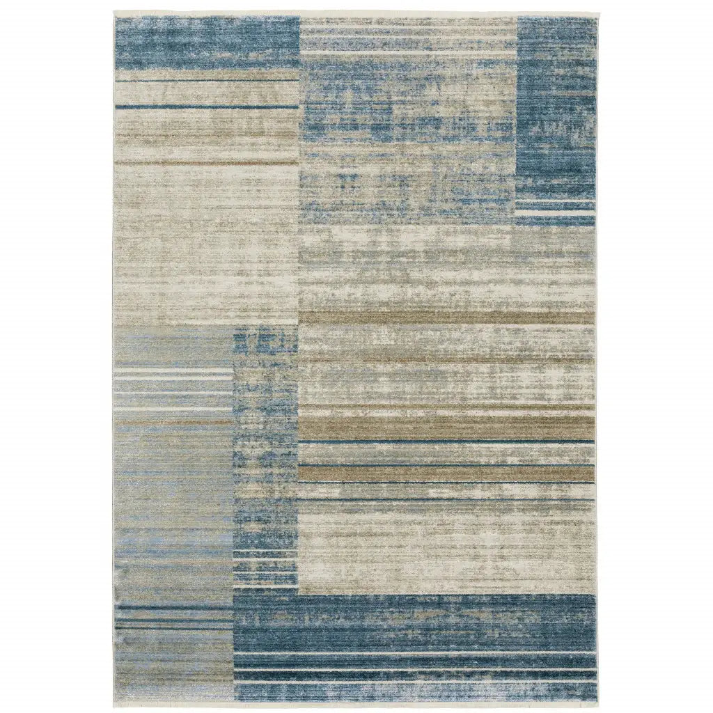 10' X 13' Blue Dark Blue Teal Grey Ivory Beige And Tan Geometric Power Loom Stain Resistant Area Rug With Fringe - Homeroots - Flyclothing LLC