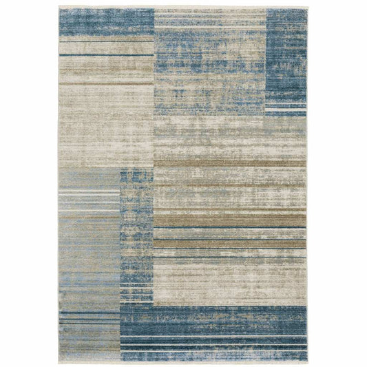 10' X 13' Blue Dark Blue Teal Grey Ivory Beige And Tan Geometric Power Loom Stain Resistant Area Rug With Fringe - Homeroots - Flyclothing LLC