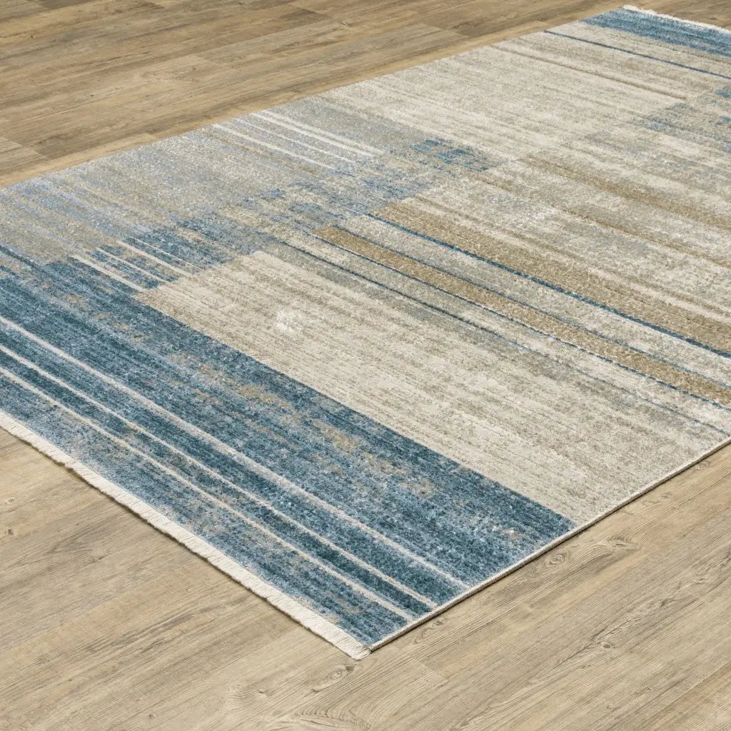 10' X 13' Blue Dark Blue Teal Grey Ivory Beige And Tan Geometric Power Loom Stain Resistant Area Rug With Fringe - Homeroots - Flyclothing LLC