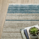 10' X 13' Blue Dark Blue Teal Grey Ivory Beige And Tan Geometric Power Loom Stain Resistant Area Rug With Fringe - Homeroots - Flyclothing LLC