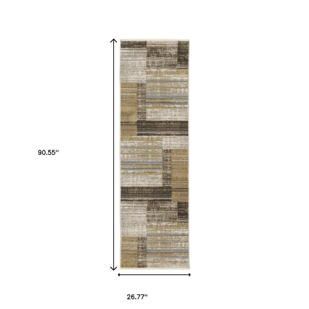 8' Beige and Charcoal Geometric Power Loom Runner Rug - Homeroots - Flyclothing LLC