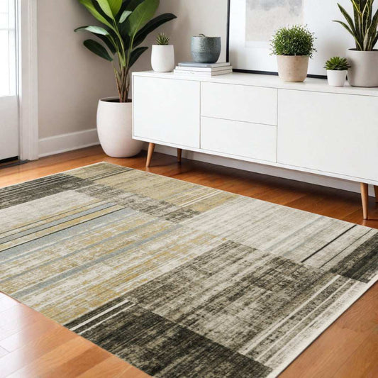 4' X 6' Beige Charcoal Brown Grey Tan Gold And Blue Geometric Power Loom Stain Resistant Area Rug With Fringe - Homeroots - Flyclothing LLC
