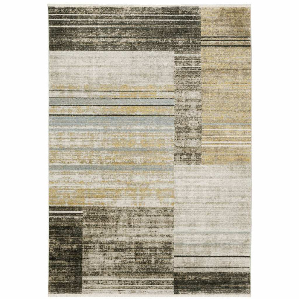 6' X 9' Beige Charcoal Brown Grey Tan Gold And Blue Geometric Power Loom Stain Resistant Area Rug With Fringe - Homeroots - Flyclothing LLC