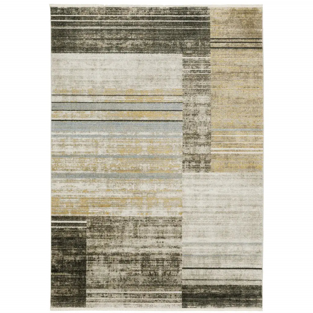 8' X 11' Beige Charcoal Brown Grey Tan Gold And Blue Geometric Power Loom Stain Resistant Area Rug With Fringe - Homeroots - Flyclothing LLC