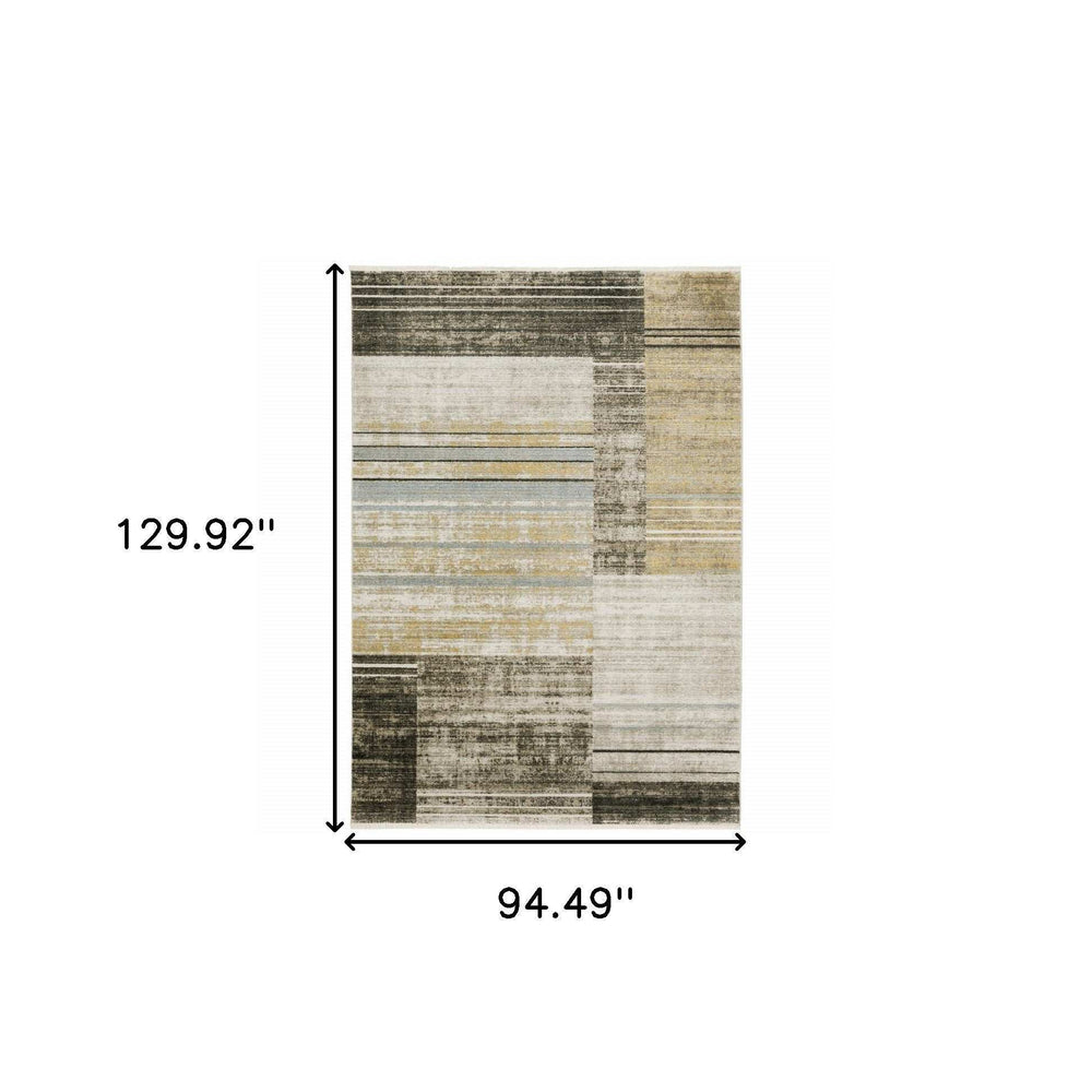 8' X 11' Beige Charcoal Brown Grey Tan Gold And Blue Geometric Power Loom Stain Resistant Area Rug With Fringe - Homeroots - Flyclothing LLC