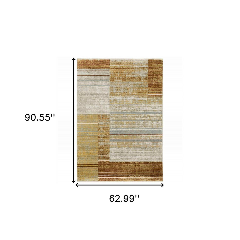 5' X 8' Rust Gold Blue Grey Ivory And Tan Geometric Power Loom Stain Resistant Area Rug With Fringe - Homeroots - Flyclothing LLC