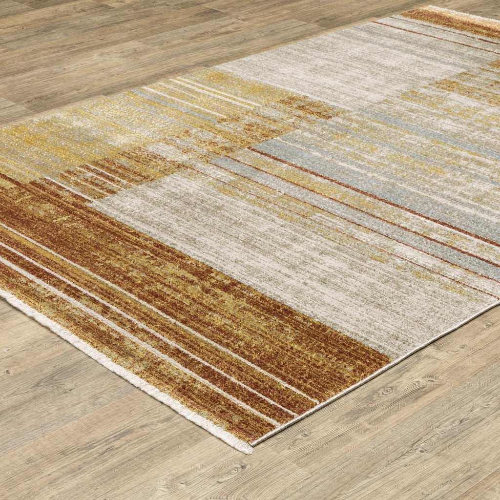 10' X 13' Rust Gold Blue Grey Ivory And Tan Geometric Power Loom Stain Resistant Area Rug With Fringe - Homeroots - Flyclothing LLC
