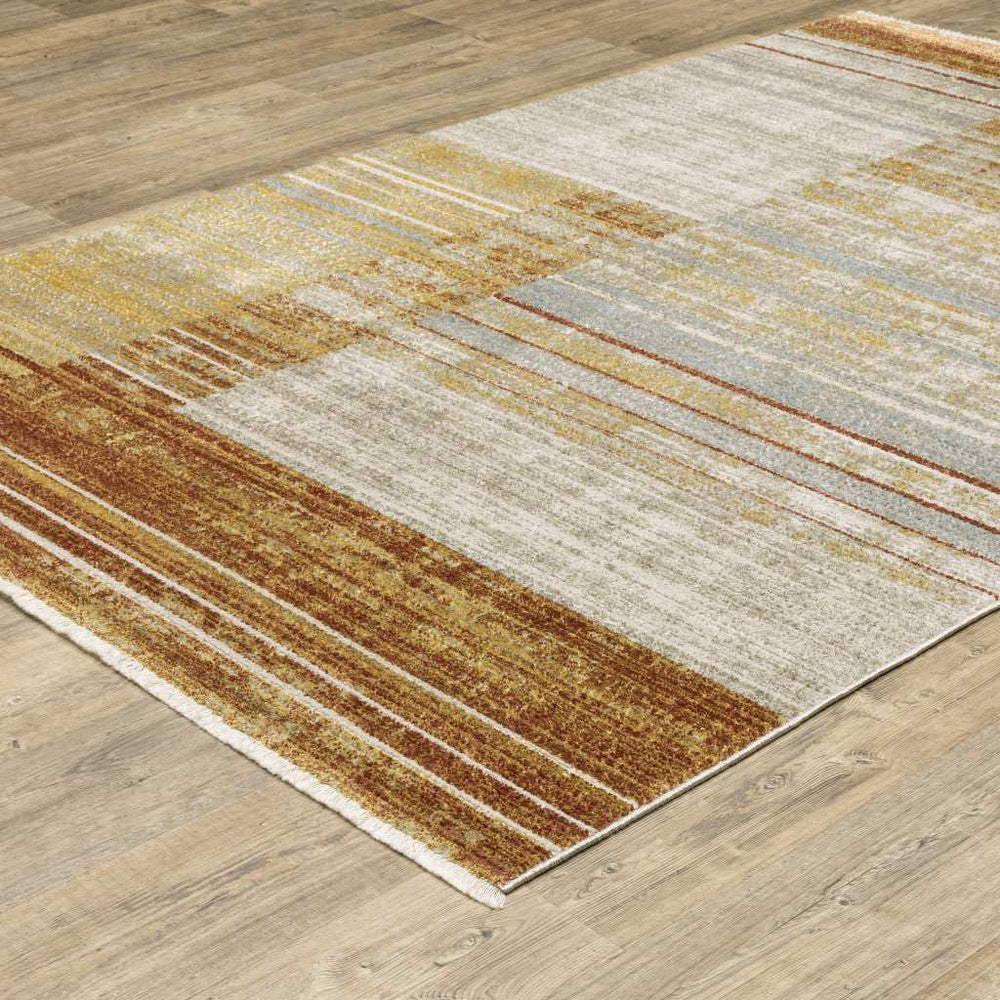 10' X 13' Rust Gold Blue Grey Ivory And Tan Geometric Power Loom Stain Resistant Area Rug With Fringe - Homeroots - Flyclothing LLC