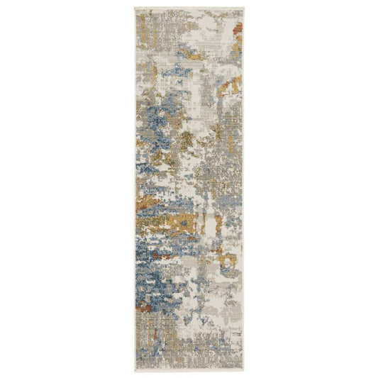 8' Beige Grey Gold Blue Rust And Teal Abstract Power Loom Runner Rug With Fringe - Homeroots - Flyclothing LLC