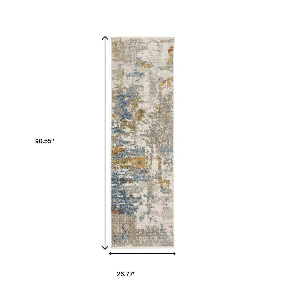 8' Beige Grey Gold Blue Rust And Teal Abstract Power Loom Runner Rug With Fringe - Homeroots - Flyclothing LLC