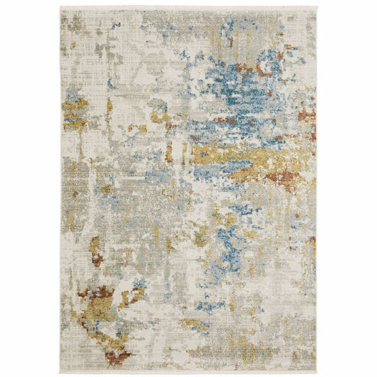 4' X 6' Beige Grey Gold Blue Rust And Teal Abstract Power Loom Stain Resistant Area Rug With Fringe - Homeroots - Flyclothing LLC