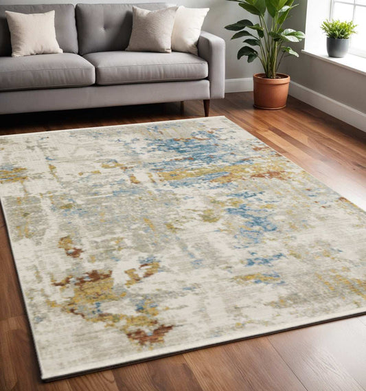 5' X 8' Beige Grey Gold Blue Rust And Teal Abstract Power Loom Stain Resistant Area Rug With Fringe - Homeroots - Flyclothing LLC